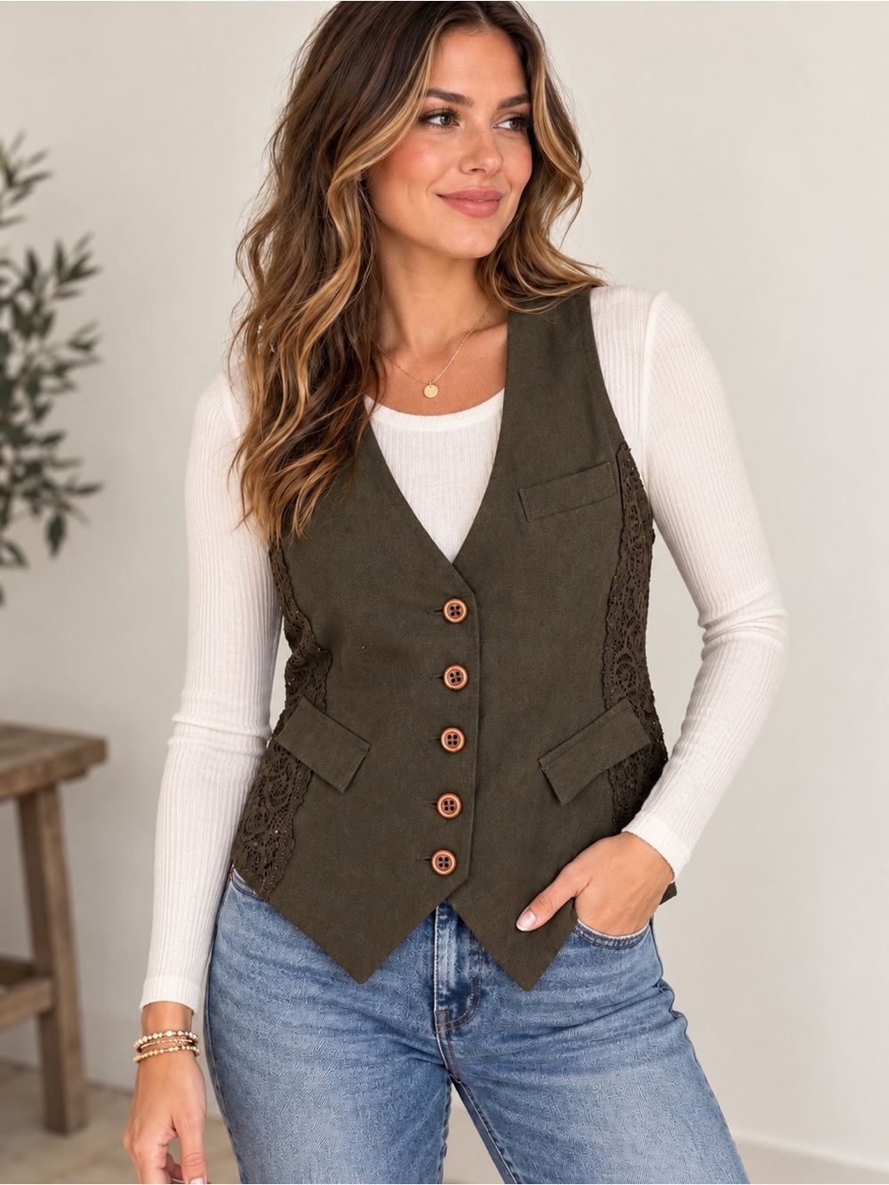 Old Navy Women’s Olive Brown Lace Side Panel Button Vest Y2K Boho Size Small
